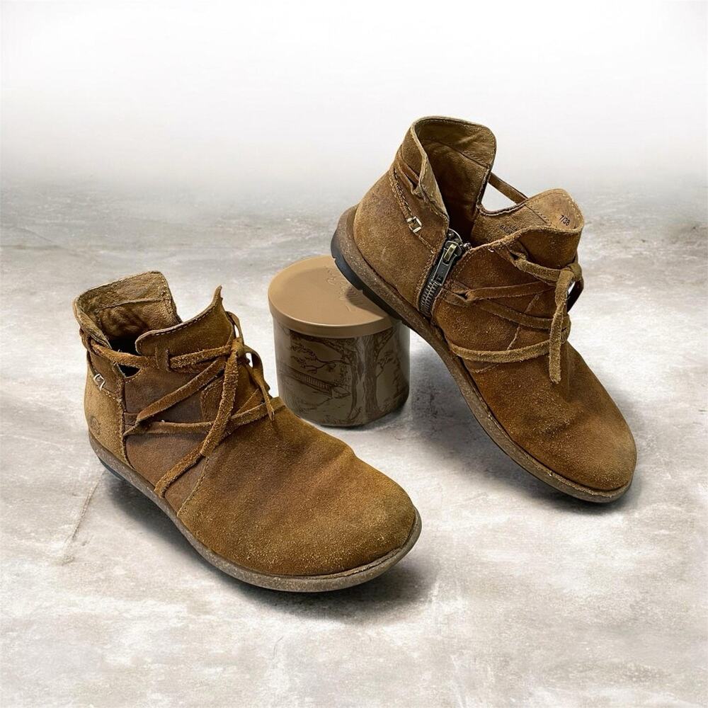 Born Tarklin Boots Women’s Size 7 Brown Suede Ankle Wrap Lace Side Zip -Boho